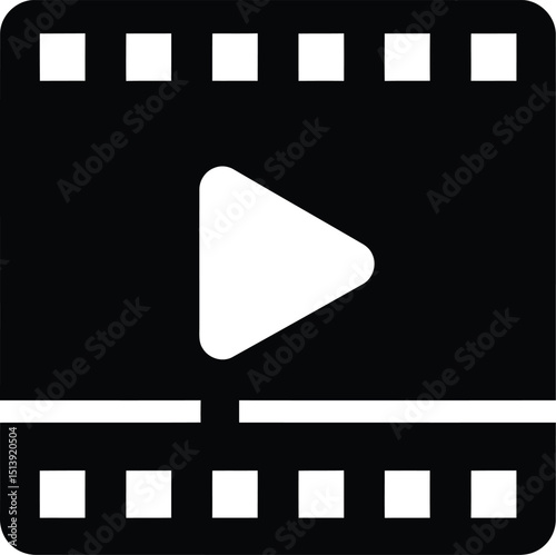 Video play icon on film strip. White triangle on black movie reel symbol. For multimedia, cinema, player, streaming UI. AI Generative
