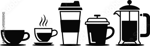 Black and white silhouette illustration of coffee cups, mugs, French press, and take-out coffee cup.





