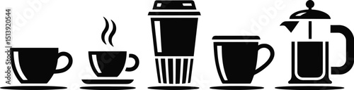 Minimalist black and white silhouette illustration of coffee mugs, espresso cups, French press, and teacups.





