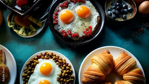 Overhead shot of a hearty brunch buffet featuring eggs, strawberries, croissants, juice, and other breakfast delicacies on a vibrant turquoise surface