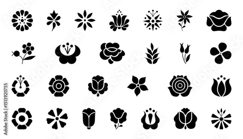 Floral vector set with black and white flower icons, silhouettes, and design elements for decorative patterns and logos