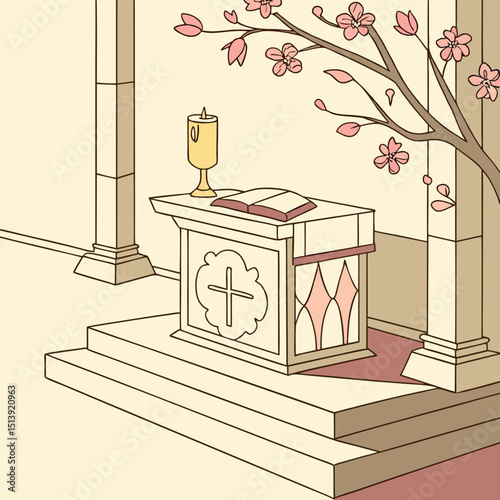 Elegant vector of sunlit church altar decorated for Corpus Christi religious celebration sacred spiritual design


