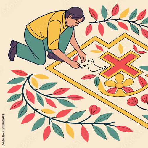 Flat design vector of traditional floral carpet Corpus Christi celebration colorful intricate festive decoration art
