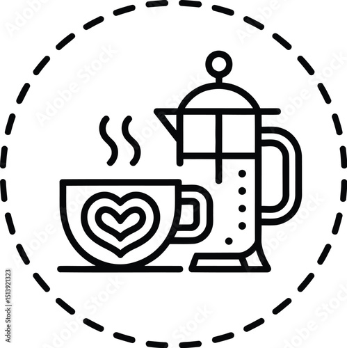 High-quality black and white lineart icon of a French press coffee maker and coffee cup in minimalist geometric style.





