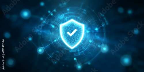 Glowing shield with checkmark surrounded by digital network on a dark blue background design element