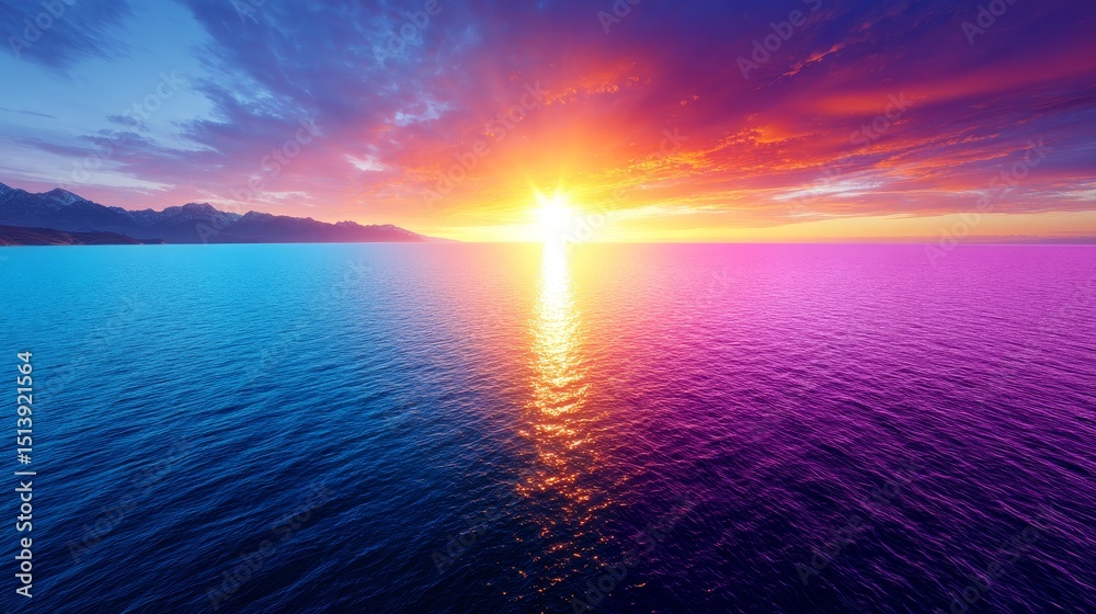 Obraz premium Vibrant Sunset Over Serene Ocean - A breathtaking sunset casts vibrant orange and red hues across a tranquil ocean, symbolizing peace, serenity, beauty, hope, and new beginnings