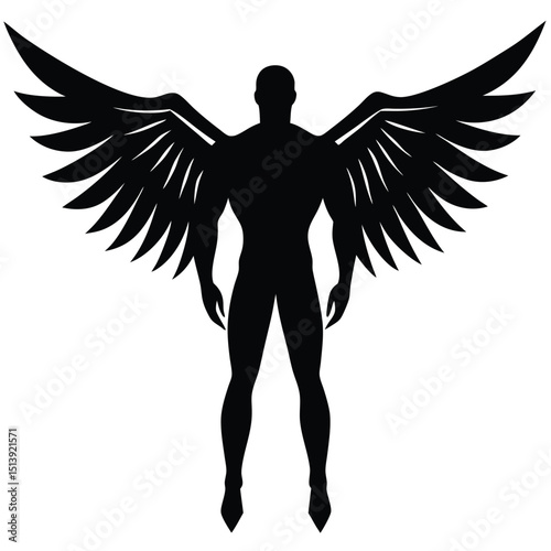 Black silhouette of a man with angel wings isolated on a white background for various design uses