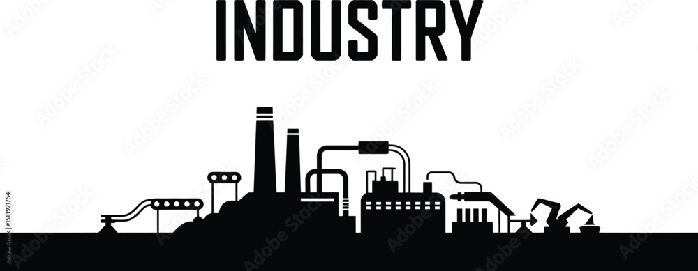 Naklejka premium Industrial factory silhouette with smokestacks, city space, geometric shapes, and minimalist design.