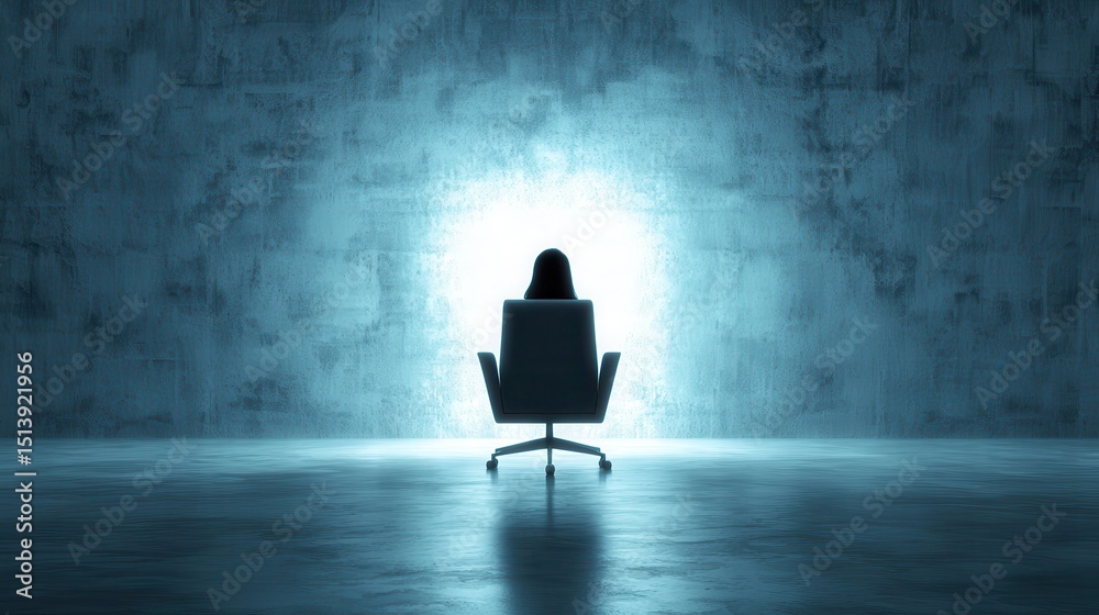 Obraz premium Business confident finance concept. Silhouette of a person in a chair against a glowing blue background.