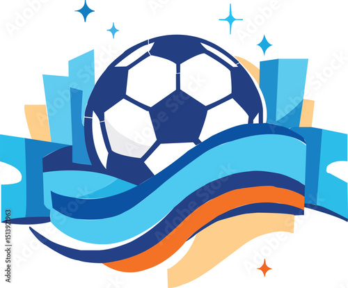 Vector Soccer Ball Logo, Dynamic Blue Wave Design with Stars for Sports Event.