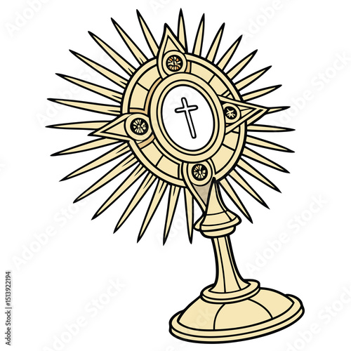 Single vector illustration of a golden monstrance ornate Catholic Eucharist sacred religious ceremonial symbol

