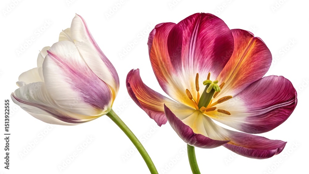 Fototapeta premium Two colorful tulip flowers isolated on white background