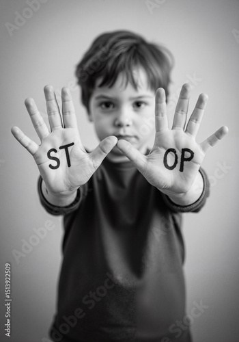 Child holding up hands with word 