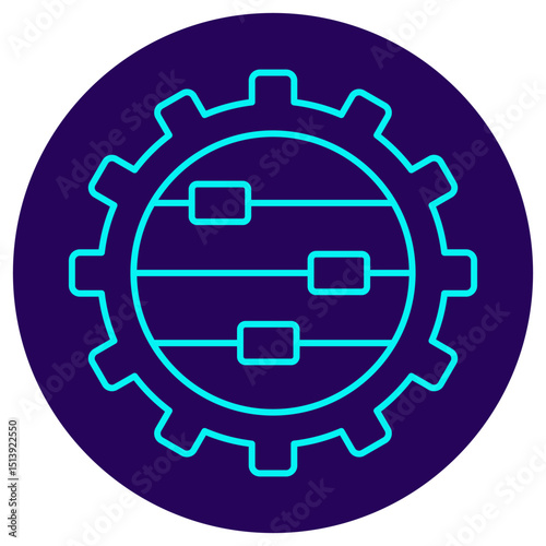 Icon of a gear with horizontal sliders inside. Vector pictogram with thin lines on a dark blue circular background. Symbolizes adjustment, customization of settings, and system administration