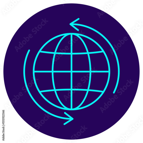 Icon of a globe with two circular arrows. Vector pictogram with thin lines on a dark blue circular background. Symbolizes global connection, internet network, and data exchange