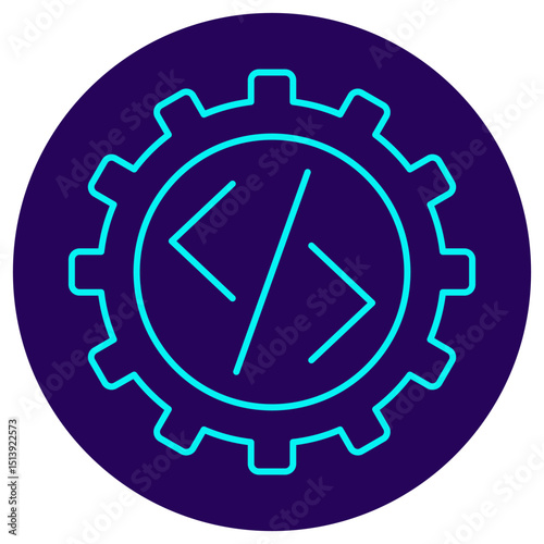 Icon of a gear with a code symbol inside. Vector pictogram with thin lines on a dark blue circular background. Symbolizes programming, software development, and system configuration