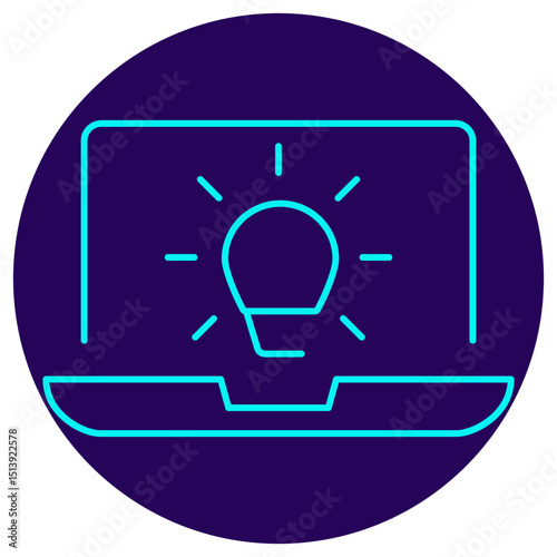 Icon of a laptop with a light bulb on the screen. Vector pictogram with thin lines on a dark blue circular background. Symbolizes innovation, creative ideas, and digital solutions