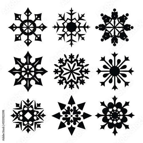 Collection of nine intricate black and white snowflake designs perfect for winter holiday season