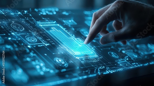 Business confident finance concept. Futuristic hand interacting with a digital interface displaying glowing blue technology patterns.