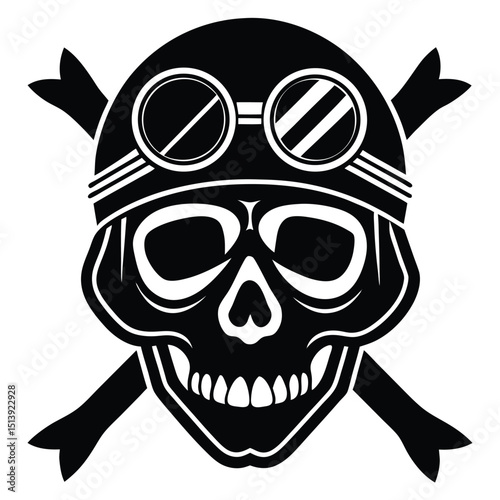 Bold black and white skull illustration with goggles and crossed bones design