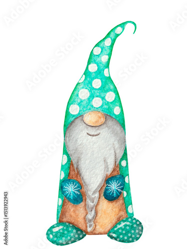 Watercolor Illustration of Whimsical Gnome in Green Polka Dot Hat, Cozy Winter Theme, Decorative Scandinavian Style