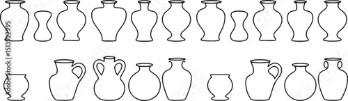 Collection of outlined simple pottery vases and jugs in black and white style