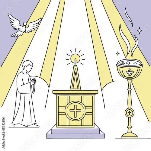 Vector of an ethereal altar with a Eucharist radiant light sacred atmosphere Catholic Corpus Christi design

