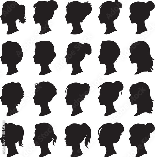 Collection of stylish silhouettes depicting various female hair styles and hairstyles on white background
