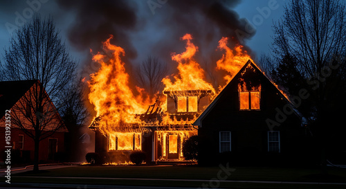 house on fire at night
