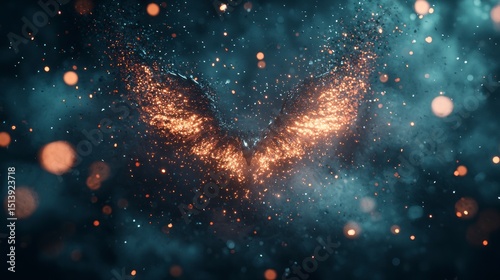 Abstract glowing bird shape amidst misty particles