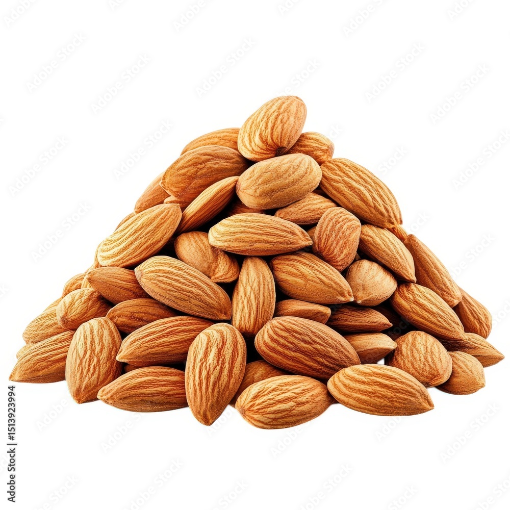 Fototapeta premium Pile of raw almonds stacked in a heap on white background