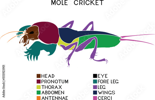 Diagram of the body parts of the mole cricket. Educational material about the external structure of the mole cricket insect for a biology lesson
