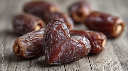 Date fruit aligned in heart shape with nuts, grayish wood surface, neutral tones photo