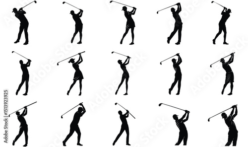 Silhouette collection of golf players in action demonstrating various golf swing techniques