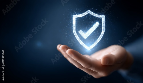 A hand holding a glowing shield with a checkmark against a dark blue and black gradient background