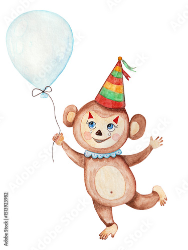 Watercolor Illustration of Cute Monkey in Party Hat with Balloon, Pastel Colors, Children’s Birthday Concept