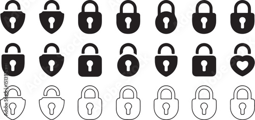 Collection of various padlock icon designs depicting security and protection elements
