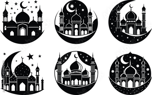 Mosque Icons Night Sky Crescent Stars
