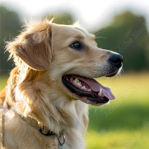 A cheerful golden retriever in a grassy field, radiating joy, energy, and the companionship of a loyal pet in the great outdoors.
