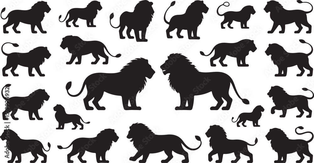 Fototapeta premium Collection of vector silhouette illustrations featuring various poses of african lions