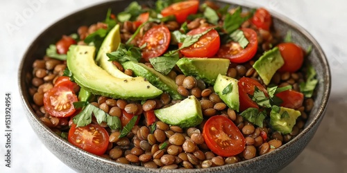 A fresh lentil salad with cherry tomatoes, avocado slices, and chopped herbs served in a bowl.