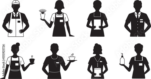 Black Silhouette Vector Illustration of Diverse Service Industry Workers on a Plain Background
