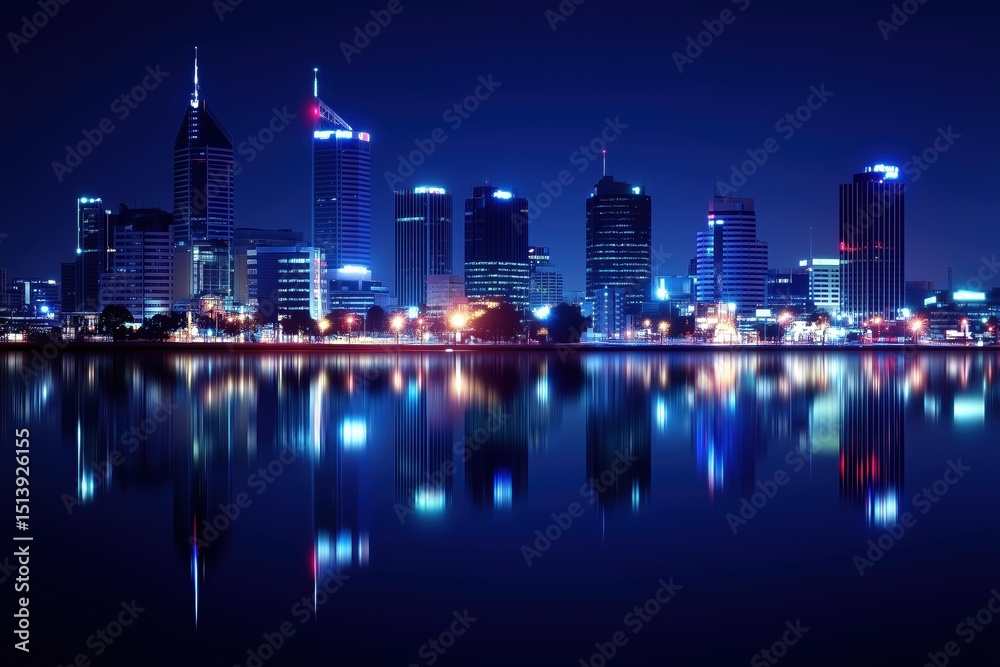 Fototapeta premium Modern glowing city skyline with lights reflecting in water during night