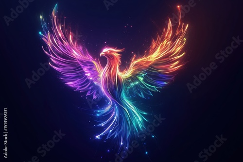 Fototapeta Naklejka Na Ścianę i Meble -  Glowing neon phoenix rising with wings spread in colorful surreal fantasy artwork