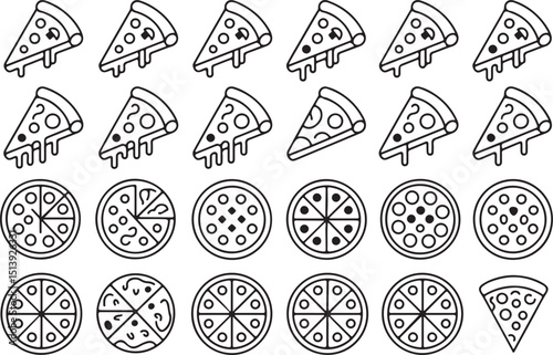 Delicious black and white pizza slices and whole pizza pies vector illustration