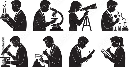 Silhouette Illustration of Scientist with Flask Experiment in Lab, Scientific Research and Discovery, white Background