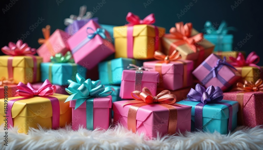 Fototapeta premium Colorful wrapped birthday presents arranged. Presents for birthday person. Gifts with bows, ribbons on white fluffy background. Festive holiday mood, celebrate happy event, make someone joy.