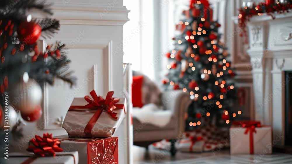 Festive Christmas scene with decorated trees, gifts and fireplace. A cozy holiday atmosphere. Decorating for the holidays. Beautiful gifts with bows.