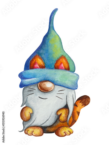 Cute Watercolor Gnome Dressed as Tiger in Blue Green Hat Illustration in Pastel Colors for Kids Decor and Greeting Cards