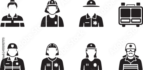 Silhouette Vector Icons of Emergency Services Personnel on a white Background